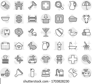 Editable thin line isolated vector icon set - t shirt, medical cross vector, tower, arch, gothic architecture, port, dry cargo, package, search, fast deliver, transfer, jellyfish, chair, pipes, cow
