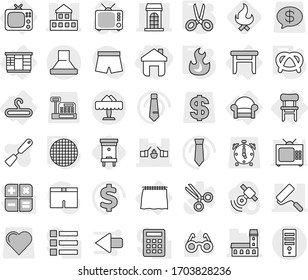 Editable thin line isolated vector icon set - home, mansion, drawbridge, cottage, building, repair, restaurant, curtain, wardrobe, hanger, stool, chair, armchair, tv, scissors, fire, sieve, pretzel