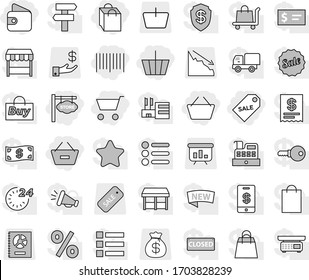 Editable thin line isolated vector icon set - cart, basket, wallet, remove from, shopping bag, sale label, bar code, store signboard, crisis, investment, money, presentation, annual report, star