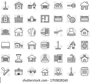 Editable thin line isolated vector icon set - project, home, houses, garage, building, university, hotel, bungalow, warehouse, trailer, plunger vector, mop, car fetlock, steaming, sink, sponge, key
