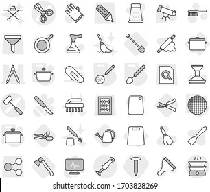 Editable thin line isolated vector icon set - nail, scissors vector, doctors hammer, drawing compasses, cutting board, pan, skimmer, big spoon, sieve, shovel, axe, watering can, pruner, plunger, car