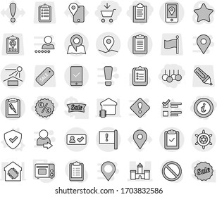 Editable thin line isolated vector icon set - add to cart, clipboard, percent, sale, info, castle, geo pin, important flag, mobile location, pen, check, sun potection, in, checking, map, handwheel