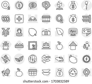 Editable thin line isolated vector icon set - market, flower, crutch vector, monitor pulse, sperm, leafs, dome house, greenhouse, bed, location details, first aid, in window, solar power, lemon