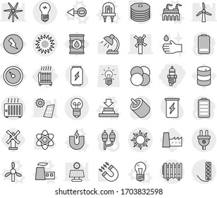 Editable thin line isolated vector icon set - spark plug, windmill, sun, barometer, electricity, radiator, atom core vector, electron, magnet, bulb, led, factory, press, pancakes, hand drop, battery