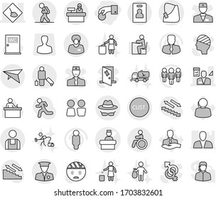 Editable thin line isolated vector icon set - hand coin, broken vector, hospital recieption, under construction, architector, support manager, customs, security man, workman, confidential, tourist