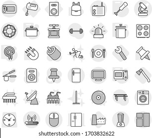 Editable thin line isolated vector icon set - microscope vector, cafe, lifebuoy, alarm, speaker, mixer, factory, satellite antenna, cd, pan, microwave oven, elecric, blender, axe, wrench, rake, rca
