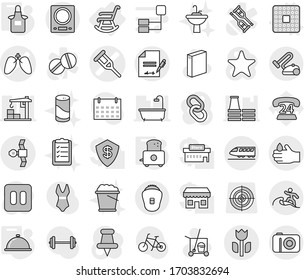 Editable thin line isolated vector icon set - crutch vector, lungs, satellite, perishable, acid, inventory, train, surfer, rocking chair, cpu, apron, toaster, meal cap, cleaner trolley, foam bucket