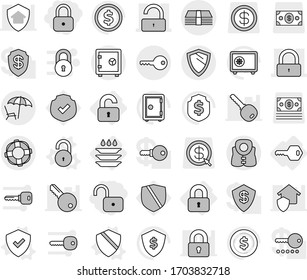 Editable thin line isolated vector icon set - lock, unlock, money, lounger, key, safe, shield, life vest, lifebuoy, locked, unlocked, plate washing, vector, dollar coin, protected, arrow, password