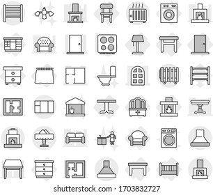 Editable thin line isolated vector icon set - door, arch window, plan, rack, restaurant, curtain, table, nightstand, chest of drawers, wardrobe, dresser, stool, chair, armchair, crib, fireplace, hob