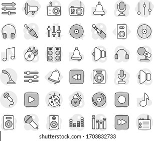 Editable thin line isolated vector icon set - equalizer, megafon, disco ball, speaker, bell, setup vector, cd, music, disk, hit, microphone, radio, headphones, play button, forward, backward, rec