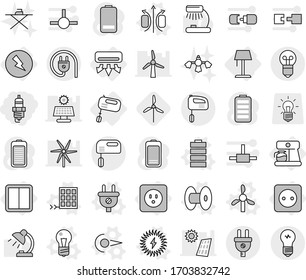Editable thin line isolated vector icon set - spark plug, air conditioning, electricity, power socket, switch, mixer, coffee maker, floor lamp, photon vector, magnetic field, bulb, coil, windmill
