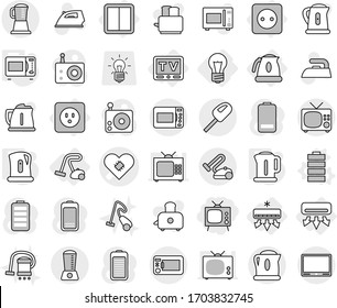 Editable thin line isolated vector icon set - tv, pacemaker vector, bulb, air conditioning, power socket, switch, kettle, vacuum cleaner, battery, microwave oven, iron, toaster, radio, blender