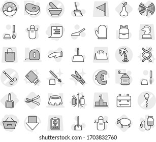 Editable thin line isolated vector icon set - remove from basket, shopping list, donut, mortar vector, sperm, surgical clamp, measuring tape, stadium, palm, wireless, scoop, magnetic field, dna, bag