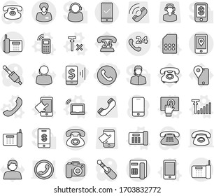 Editable thin line isolated vector icon set - mobile pay, phone, 24, support manager, location, checking, camera, vector, laptop wifi, office, touchscreen, sim card, antenna signal, no, traking, tap
