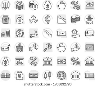 Editable thin line isolated vector icon set - money, percent, library, house hold vector, bank, japanese candle, crisis, bag, piggy, investment, coin stack, check, building, cent sign, statistics