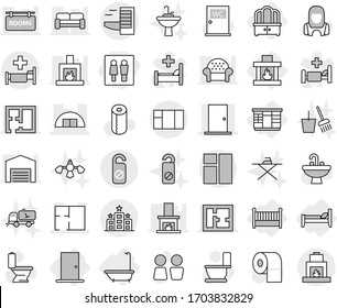 Editable thin line isolated vector icon set - wc, hangare, door, plan, hotel, hospital, do not distrub, bath, wardrobe, dresser, bed, crib, fireplace, toilet vector, paper, water closet, sink, tap