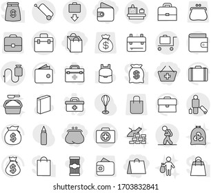Editable thin line isolated vector icon set - wallet, purse, add to basket, shopping bag, doctor vector, case, dropper, tourist, passenger, baggage checking, suitcase, get, trolley, washing powder