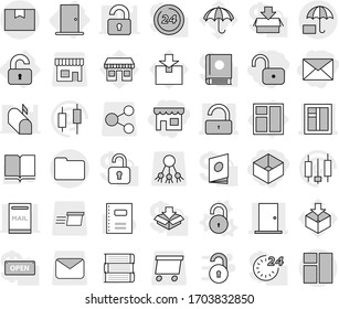 Editable thin line isolated vector icon set - unlock, shop, box, mail, window, door, package, documents, insurance, unlocked, vector, book, copybook, japanese candle, office, umbrella, share, open