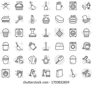 Editable thin line isolated vector icon set - bucket, vacuum cleaner, plate washing, rag, broom vector, mop, sponge, car fetlock, steaming, washer, powder, cleaning agent, rubber glove, wiping