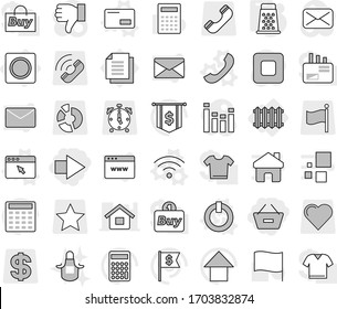 Editable thin line isolated vector icon set - remove from basket, right arrow, radiator, ring button, on off vector, envelope, phone, wireless, browser window, grater, apron, calculator, flag, up