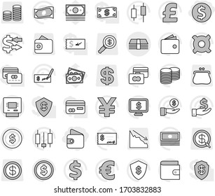 Editable thin line isolated vector icon set - dollar coin, wallet, money, atm, exchange vector, japanese candle, credit card, cash, investment, stack, check, shield, monitor, any currency, euro sign