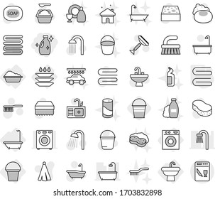 Editable thin line isolated vector icon set - cleanser, sink, bath, washing machine, bucket, plate, towel, soap vector, scraper, fetlock, sponge, powder, shower, shampoo, dish, house cleaning, brush