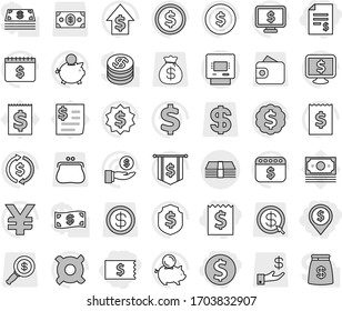 Editable thin line isolated vector icon set - dollar coin, receipt, account balance, pin, money, atm, exchange vector, piggy bank, investment, growth, medal, flag, shield, calendar, monitor, wallet