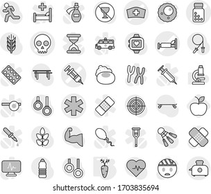 Editable thin line isolated vector icon set - ambulance star vector, syringe, pills bottle, hospital bed, skull, medical hat, carrot, apple, soap, microscope, heart pulse, jump rope, horizontal bar