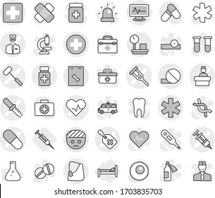 Editable thin line isolated vector icon set - medical cross vector, ambulance star, heart pulse, bandaged head, syringe, pipette, label, crutch, pill, pills bottle, monitor, broken hand, doctor, bed