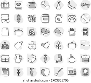 Editable thin line isolated vector icon set - chicken leg, bone, vector, hotel, cutting board, pan, chief hat, spatula, grill oven, grater, eggs, steake, spikelets, croissant, pretzel, carrot, pear