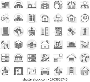 Editable thin line isolated vector icon set - chromosomes vector, hospital, virus, greate wall, home, mansion, building, skyscrapers, skyscraper, slum, garage, modern architecture, modular house