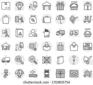 Editable thin line isolated vector icon set - gift, shopping bag, cargo stoller, consolidated, dry, do not hook sign, courier delivery, package, search, parachute, conveyor vector, washing powder