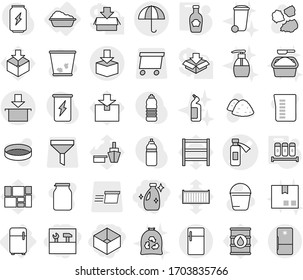 Editable thin line isolated vector icon set - box, tools, cleanser, potion bottle vector, dry cargo, package, washing, fridge, spices, ketchup, bucket, trash bin, garbage pile, bag, liquid soap, jar