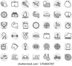 Editable thin line isolated vector icon set - dome house, car baggage, deltaplane, motorcycle, diving mask, surfer, tennis, golf, yacht, windsurfing, horse, award cup vector, barbell, stadium, medal