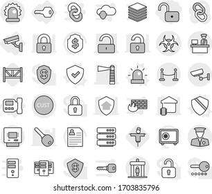 Editable thin line isolated vector icon set - unlock, biohazard vector, lighthouse, customs, control, alarm, security man, vip fence, detector, atm, surveillance, key, intercome, camera, shield