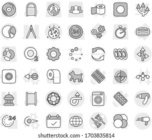 Editable thin line isolated vector icon set - crutch vector, goverment house, drawing compasses, trip, terms, route, disco ball, dog, lifebuoy, ring button, inflatable pool, atom core, photon, gears