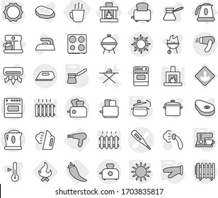 Editable thin line isolated vector icon set - hot drink, medical thermometer vector, sun, air conditioning, coffee maker, toaster, kettle, hair dryer, fireplace, steam pan, cook glove, turk, pepper