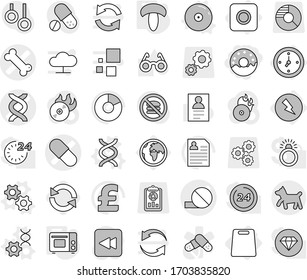 Editable thin line isolated vector icon set - donut, dna vector, pill, bone, dog, watch, electricity, ring button, cutting board, gears, edit, cd, grill oven, mushroom, reload, glasses, pie graph