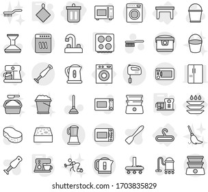 Editable thin line isolated vector icon set - bin, table, hanger, washing machine, coffee maker, plate, rag, hob, food processor, plunger vector, vacuum cleaner, fetlock, bucket, sponge, car, broom