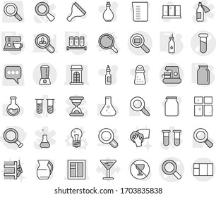 Editable thin line isolated vector icon set - magnifier, vector, test vial, building, window, cargo search, bulb, vegetable oil, spices, coffee maker, bank, scraper, shining, skyscrapers cleaning