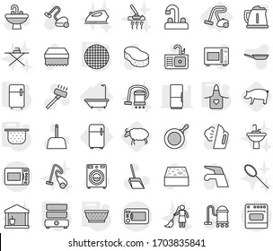 Editable thin line isolated vector icon set - bath, fridge, vacuum cleaner, colander, apron, double boiler, sieve, pig, sheep, water tap vector, scoop, sponge, steaming, washer, sink, utility room