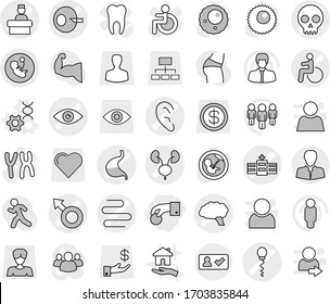 Editable thin line isolated vector icon set - hand coin, disability vector, eye, male sign, pregnancy, artificial insemination, hospital, skull, sperm, ear, stomach, kidneys, intestines, brain, man