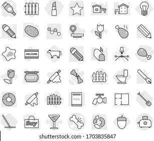Editable thin line isolated vector icon set - lipstick, chicken leg, broken bone vector, pencil, plan, bulb, toilet, fence, drawing pen, potato, cow, shovel, rake, acorn, water tap, splotch, glass