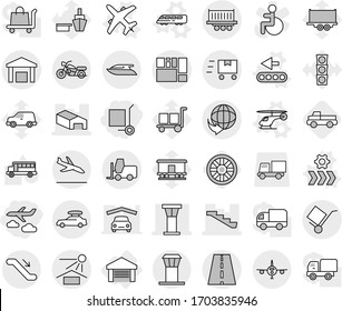 Editable thin line isolated vector icon set - cargo stoller, journey, airport tower, warehouse, stairs, road, delivery, truck shipping, consolidated, trolley, sun potection, fork loader, plane, port
