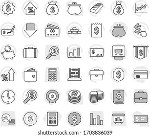 Editable thin line isolated vector icon set - credit card, purse, calculator, atm, abacus vector, dollar coin, graph, gold ingot, wallet, percent growth, money bag, piggy bank, case, stack, check
