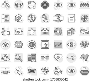 Editable thin line isolated vector icon set - eye vector, bridge, houses, warehouse, modern architecture, house, plane, palm hammock, flower in window, welding, orbit, 3d, link, hand drop, spot, man