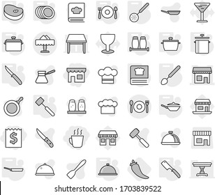 Editable thin line isolated vector icon set - receipt, shop, hot drink, cafe, restaurant, pan, skimmer, big spoon, knife, chef, meat hammer, cooking book, salt pepper, plates, fork plate, meal cap