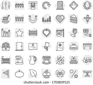 Editable thin line isolated vector icon set - bow, sale, heart, equalizer, column, bridge, door, fountain, hawaiian wreath, disco ball, pendant, service bell, table, dresser, crib, rocking chair