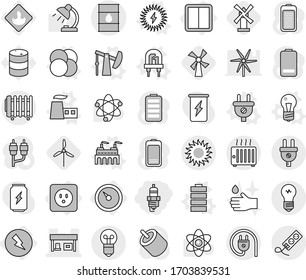 Editable thin line isolated vector icon set - spark plug, gas station, barrel, sun, barometer, electricity, power socket, switch, atom core vector, bulb, led, factory, oil pump, battery, solar, rca