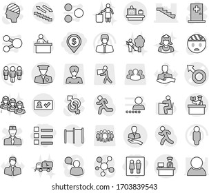 Editable thin line isolated vector icon set - wc, dollar pin, list, male sign vector, stairs, client, customs control, security man, check in, baggage checking, inspector, garden cleaning, home call